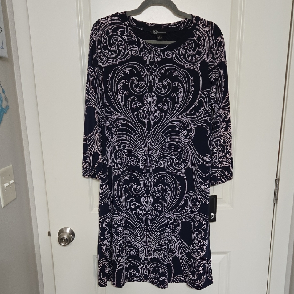 AGB Navy Blue & White Scroll Print Long Sleeve Dress